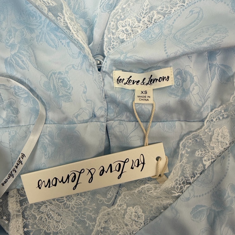 NWT For Love & Lemons Hattie Satin Slip Maxi Dress Blue Floral Lace Size XS - Picture 10 of 11